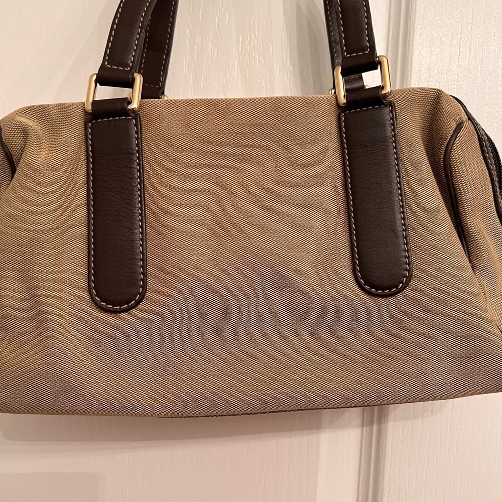 Gucci Brown Beige Canvas Fabric Boston Bag